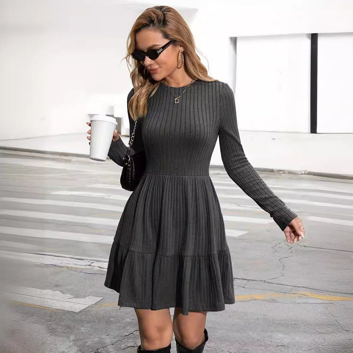 European And American Striped Round Neck Knitted Dress Sweater Women-Lady Dresses-Zishirts