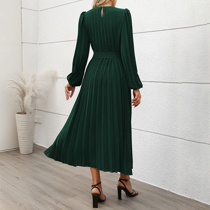 Women's Dress Long Sleeve Pleated Round Neck-Lady Dresses-Zishirts