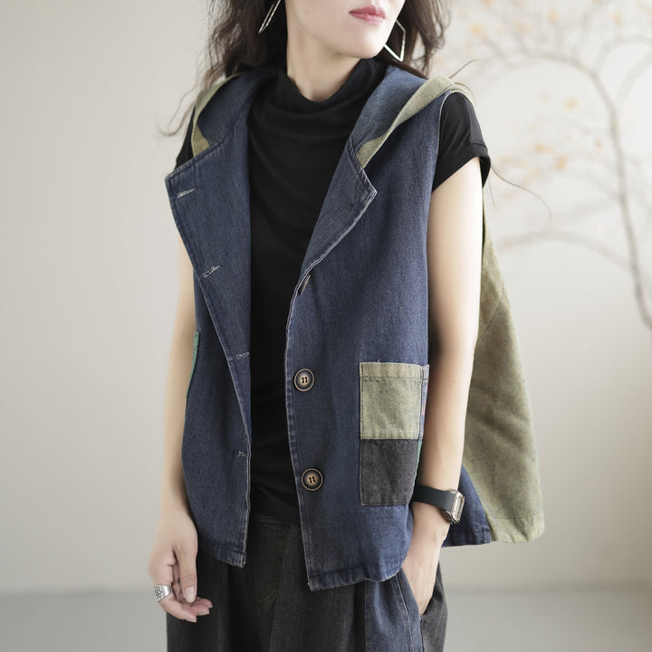 Women's Retro Loose Hooded Ethnic Style Stitching Patchwork Coat Vest-Womens 2024 March-Zishirts