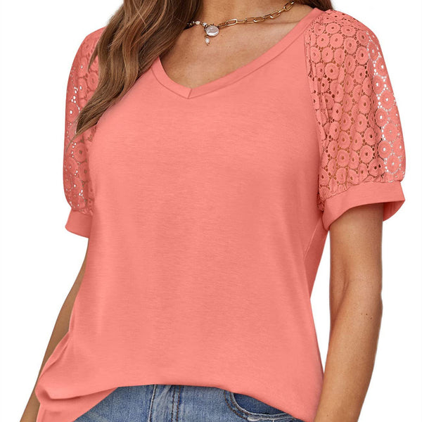 V-neck Lace Stitching Casual T-shirt For Women-Blouses & Shirts-Zishirts