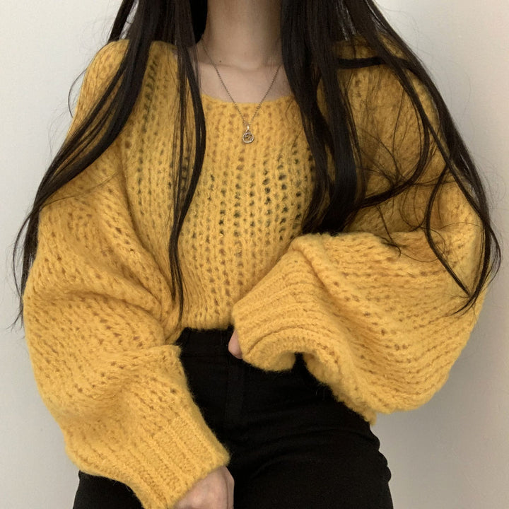 Women's Autumn And Winter Candy Color Pullover Loose Lantern Sleeve Knitted Sweater-Women's Outerwear 2023-Zishirts