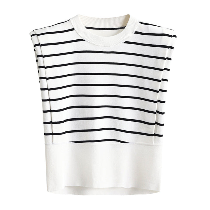 Right-angle Shoulder Sleeveless Striped Ice Silk Round Neck Vest Top Sweater-Sweaters-Zishirts