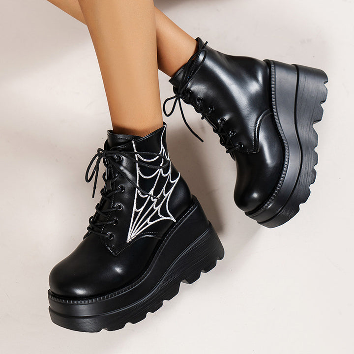 Platform Wedge Dr Martens Boots Autumn And Winter Spider Web Round Toe Lace-up Short Leather Boots-Womens Footwear-Zishirts