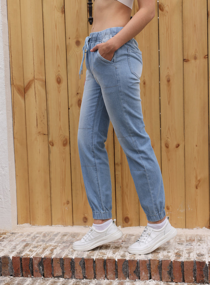 Casual Jeans Light Blue Elastic Waist String Trousers-Woman Jeans-Zishirts