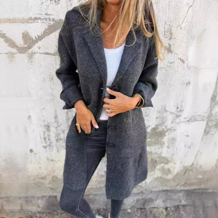 Lapel Single Breasted Cardigan With Pockets Fashion Color Solid Mid-Length Outwear Coat Womens Clothing-Jackets-Zishirts