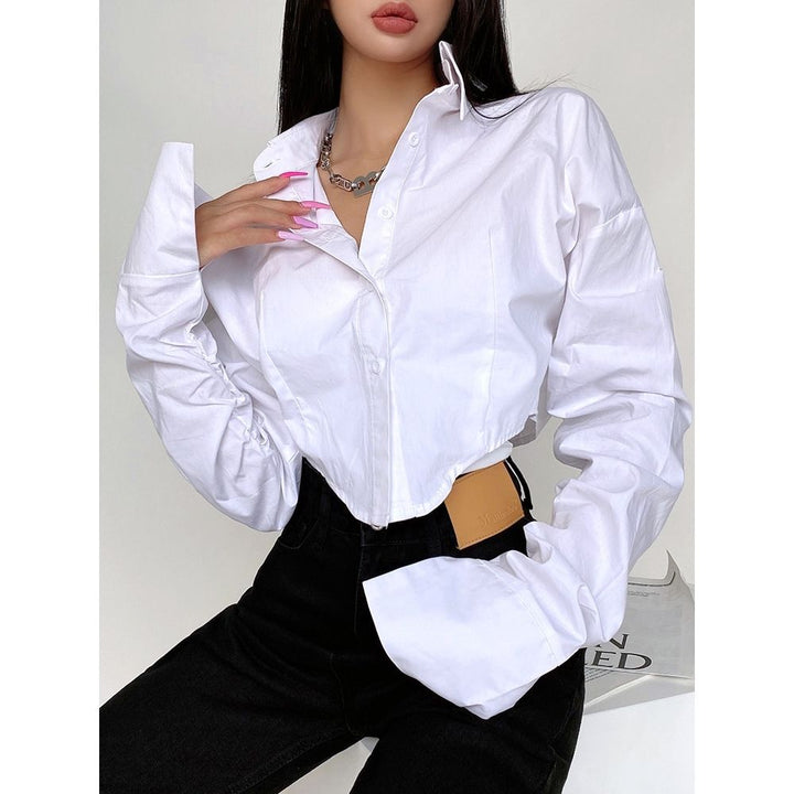 Women's Design Sense Niche Lapel Long Sleeve Short Cinched Blouse-Blouses & Shirts-Zishirts