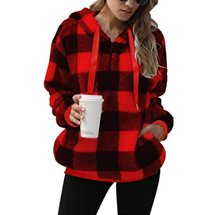 Fashion Plaid Hooded Sweatshirt With Pockets Casual Zipper Plush Tops For Womens Clothing-Jackets-Zishirts