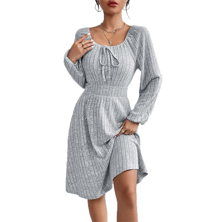 Square-neck Cinched Large Skirt Long Sleeve Dress-Lady Dresses-Zishirts