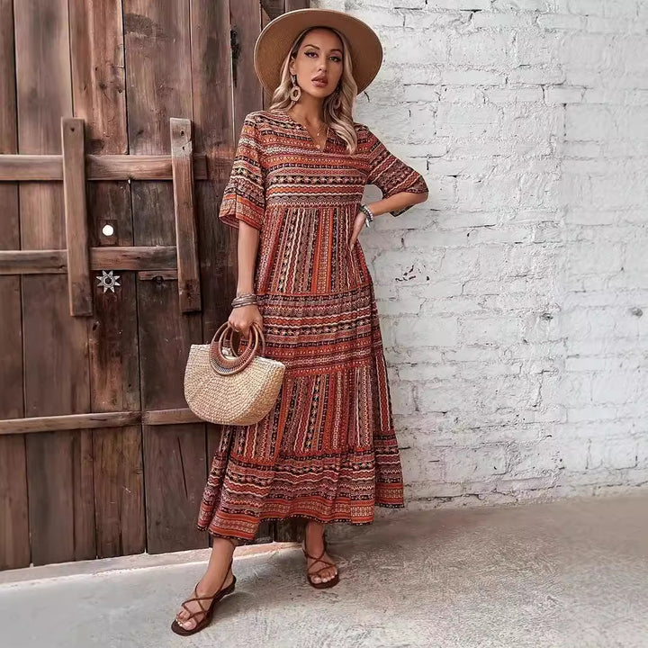 Retro Loose Mixed Color Half Sleeve Dress-Lady Dresses-Zishirts