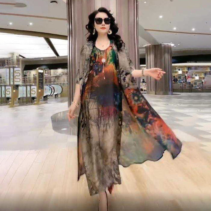 Cross-border New Arrival Artificial Silk Blended Dress Two-piece Loose Suit Printed Skirt-Womens 2024 March-Zishirts