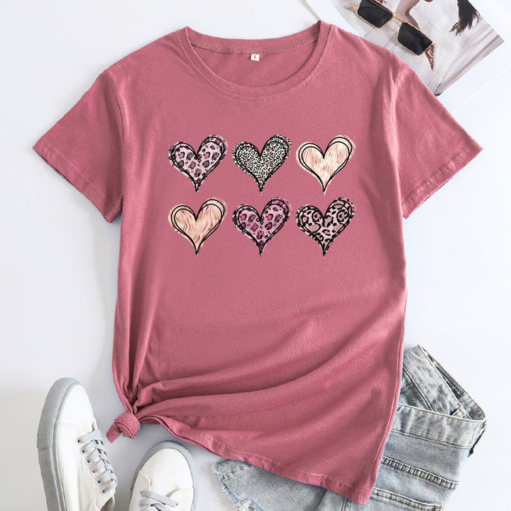 Women's Fashion Casual Love Printed Cotton Round Neck Short Sleeve-Blouses & Shirts-Zishirts