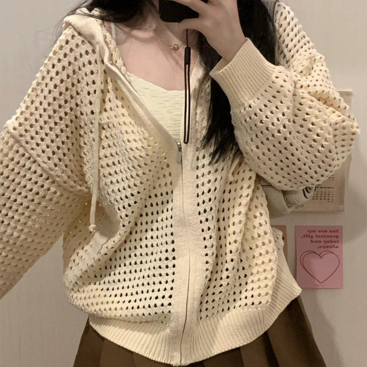 Women's Hollow-out Design Hooded Outwear Blouse Knitted Cardigan-Sweaters-Zishirts
