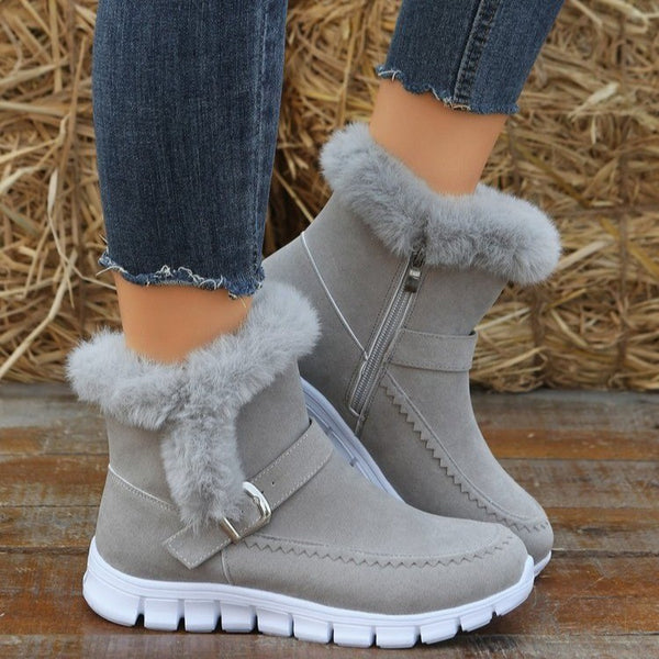 New Snow Boots Winter Warm Thickened Solid Color Plush Ankle Boots With Buckle Design Plus Velvet Flat Shoes For Women-Womens 2024 March-Zishirts