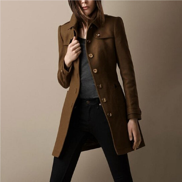 Women's Fashionable Solid Color Mid-length Lapel Woolen Coat-Jackets-Zishirts