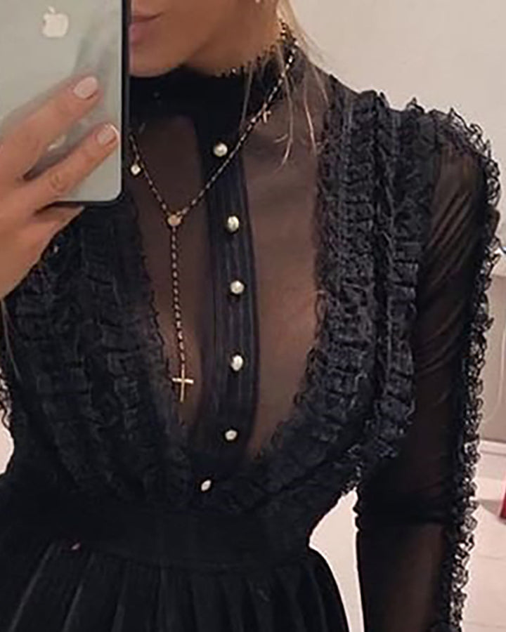 Women's Black Mesh Lace Dress-Lady Dresses-Zishirts