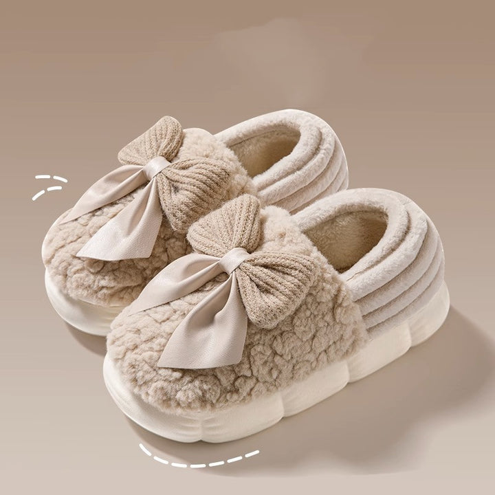 Big Bow-knot Fluffy Slippers Winter Warm Covered Heel Cotton Shoes Fashion Thick-soled Platform Slippers Indoor And Outdoor Garden Walking Shoes-Womens Footwear-Zishirts