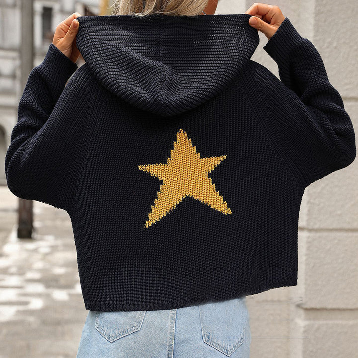 Fashion Pullover Hooded Sweater With Pockets Loose Star Long Sleeve Zippered Cropped Cardigan Outwear Tops For Womens Clothing-Jackets-Zishirts