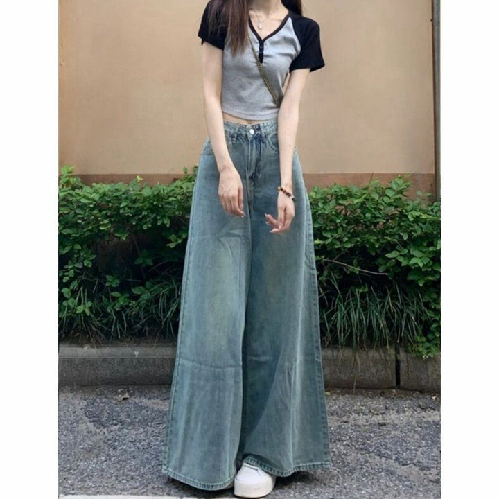 Washed-out Vintage Wide Leg Jeans High Waist Slimming-Woman Jeans-Zishirts