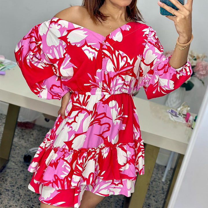 Women's Fashionable Temperament V-neck Printed Puff Sleeve Top Ruffled Skirt Two-piece Set-Suits & Sets-Zishirts