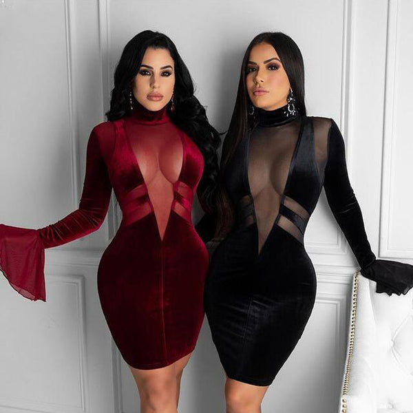 Women's Deep V-neck Mesh Stitching Non-inverted Velvet Horn Long Sleeve Skirt-Lady Dresses-Zishirts