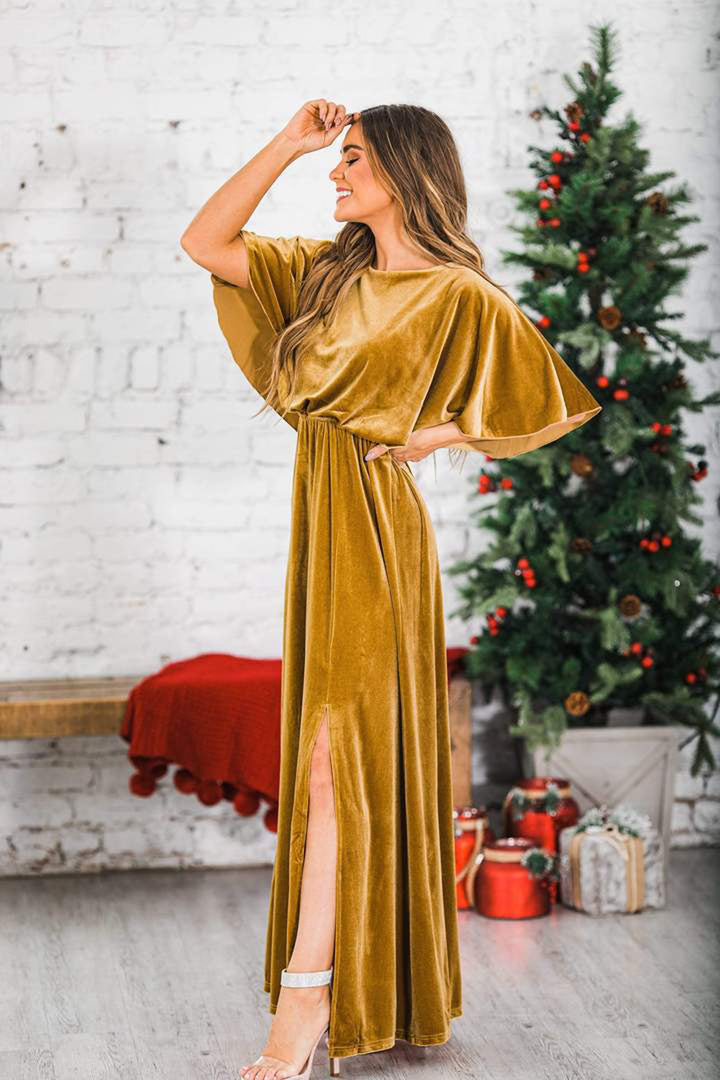 Summer Elegant Dress Gold Velvet Round Neck High Slit Evening Dress For Women-Lady Dresses-Zishirts