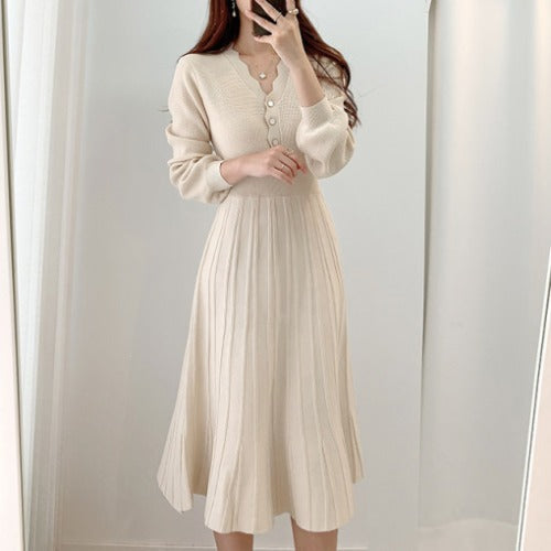 Waist-tight Slimming V-neckline Long Sleeve Mid-length Sweater Dress-Lady Dresses-Zishirts