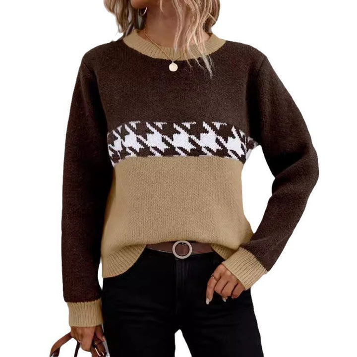 Contrast Color Pullover Round Neck Knitted Sweater Fashion Geometry Pattern-0-Zishirts