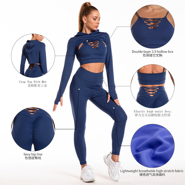 3pcs Sports Suits Long Sleeve Hooded Top Hollow Design Camisole And Butt Lifting High Waist Seamless Fitness Leggings Sports Gym Outfits Clothing-Women's Outerwear 2023-Zishirts