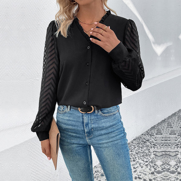 Women's Shirt Lace Stitching Long Sleeve Hot French Style V-neck Buckle Top-Women's Outerwear 2023-Zishirts