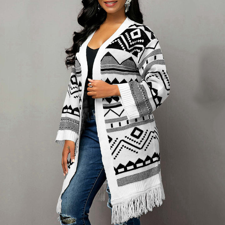 Ladies Tassel Hem Jacquard Cardigan Sweater-Women's Outerwear 2023-Zishirts