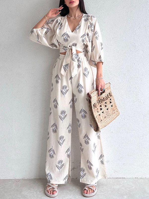 Women's Elegant V-neck Printed Puff Sleeve Top Trousers Two-piece Set-Suits & Sets-Zishirts