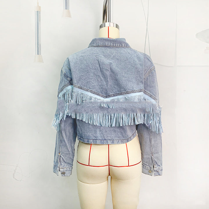 Tassel Denim Coat Short Polo Collar Jacket European And American Style-Jackets-Zishirts