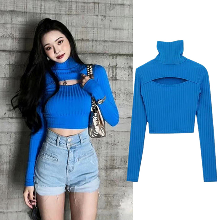 Blue Half-high Collar Bottom Knit Sweater Female-Sweaters-Zishirts