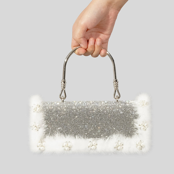 Ostrich Fur Pearl Rhinestone Bag Women's New-Women's Bags-Zishirts