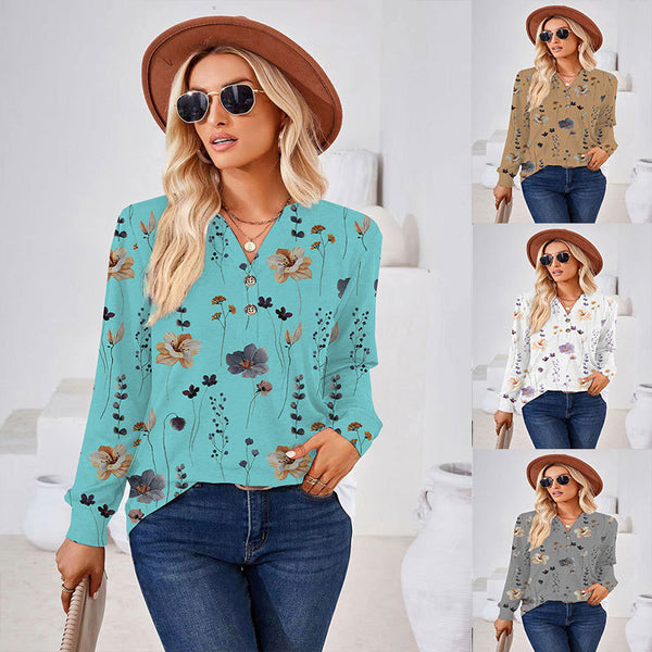 Women's Fashion Casual Printing Button V-neck Long Sleeve-Blouses & Shirts-Zishirts