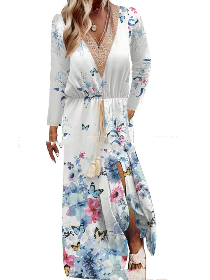 Spring And Summer Print Long Sleeve Dress Lace V-neck Waist Dress-Lady Dresses-Zishirts