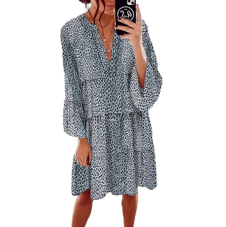 Women's Clothing Leopard Print V-neck Plus Size Loose Long Sleeve Dress-Womens 2024 March-Zishirts