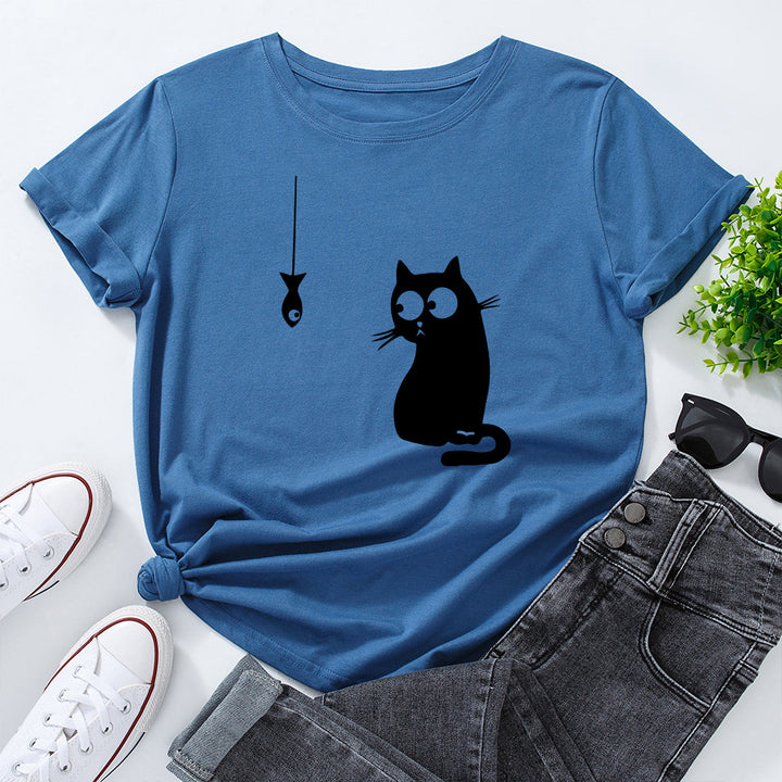 Women's Cute Cat Loose Round Neck Cotton Short Sleeve-Women's Outerwear 2023-Zishirts