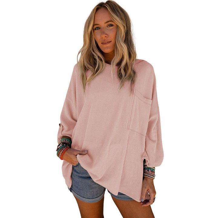 Solid Color Sweater Loose Casual Pocket Curling Threaded Long Sleeve Top-Sweaters-Zishirts
