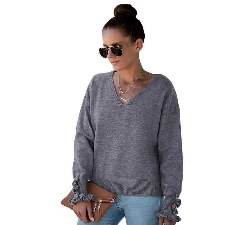 Women's Fashion Solid Color And V-neck Long Sleeve Sweater-Sweaters-Zishirts