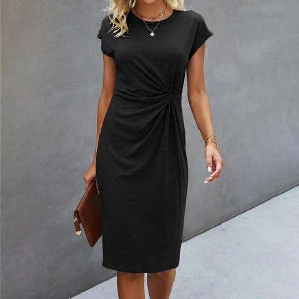 Solid Color Round Neck Loose Short Sleeve Dress-Womens 2024 March-Zishirts