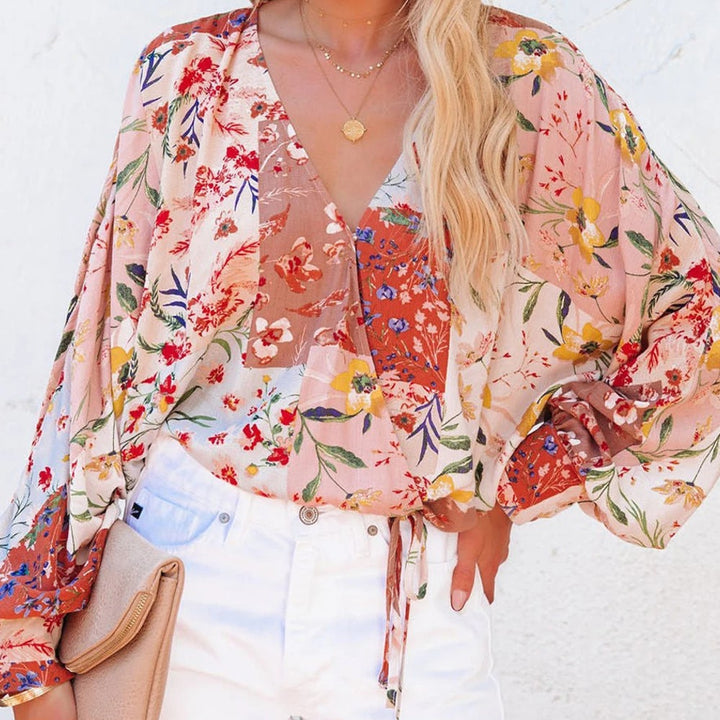 Spring And Summer Floral V-neck Long Sleeve Loose Casual Shirt-Blouses & Shirts-Zishirts