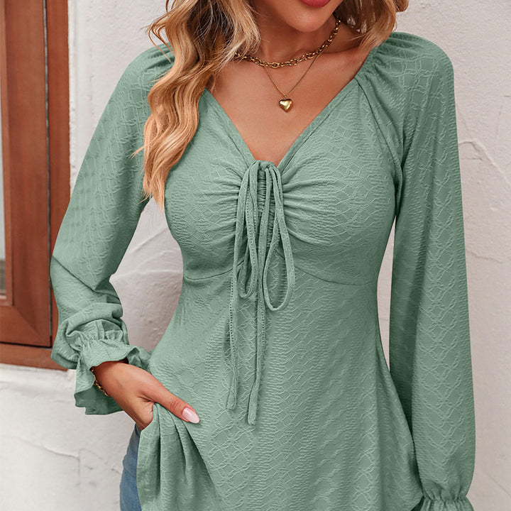 New European And American V-neck Drawstring Waist Sexy Long Sleeve Solid Color T-shirt-Blouses & Shirts-Zishirts
