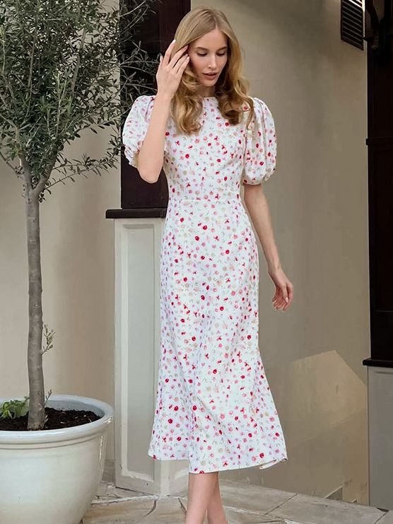 Women's Elegant Slim-fit Floral Long-sleeved Dress-Lady Dresses-Zishirts