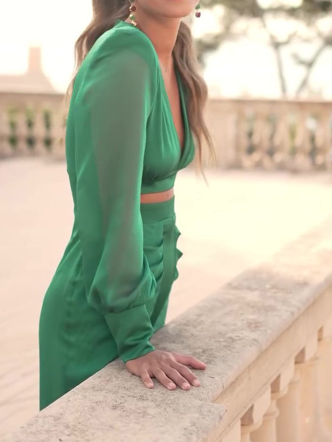 Long Sleeve Hollow Green Dress-Lady Dresses-Zishirts