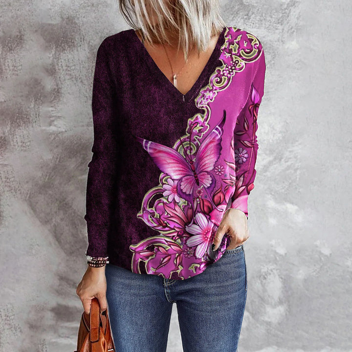 Women's Flower Butterfly Printed V-neck Long Sleeve Loose T-shirt-Blouses & Shirts-Zishirts