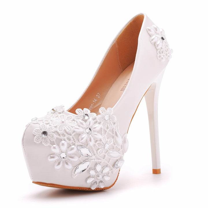 Lace High-heeled Shoes Rhinestone Pearl Stiletto Heel Pumps-Womens Footwear-Zishirts