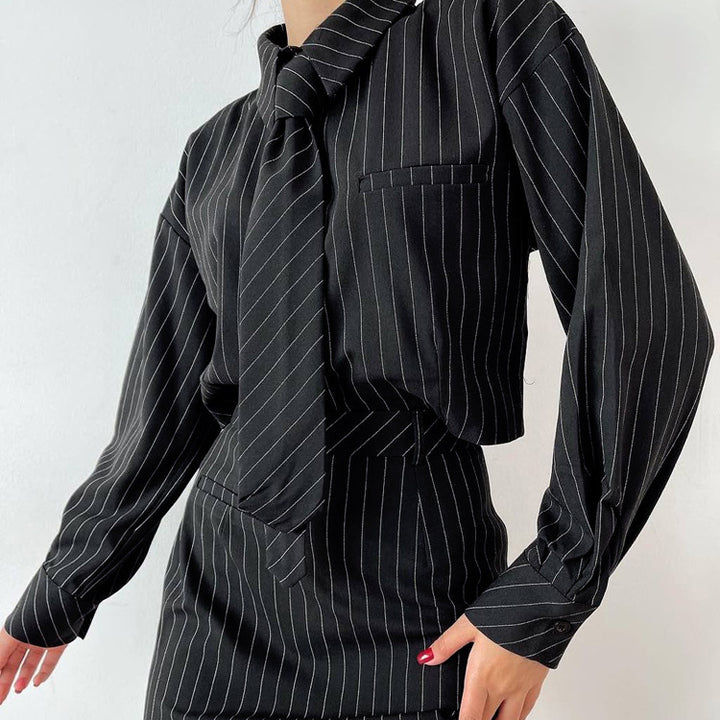 Striped Long Sleeve Tie Shirt Outfit Package Hip Skirt Two-piece Set-Suits & Sets-Zishirts