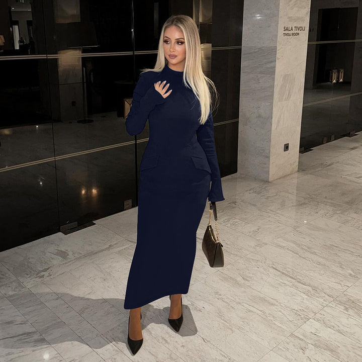 Women's Fashion Half-high Collar Long Sleeves Long Dress-Lady Dresses-Zishirts