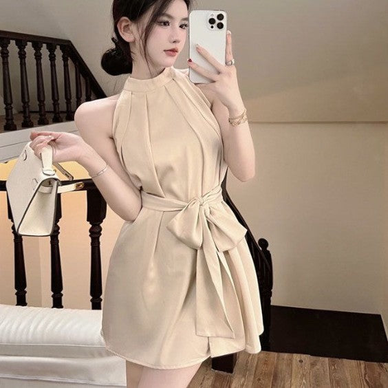 Women's Sleeveless Dress Waist Trimming Lace Up Halter-Lady Dresses-Zishirts